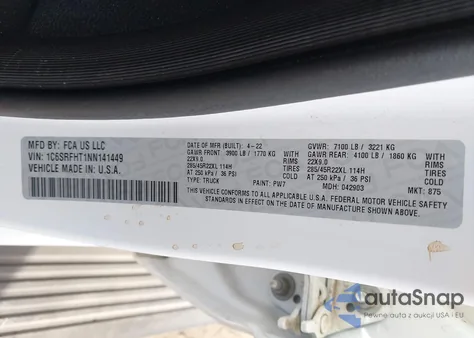 2022 Ram 1500 Limited 4X4 5'7 Box z USA, uszkodzony, nr VIN 1C6SRFHT1NN141449